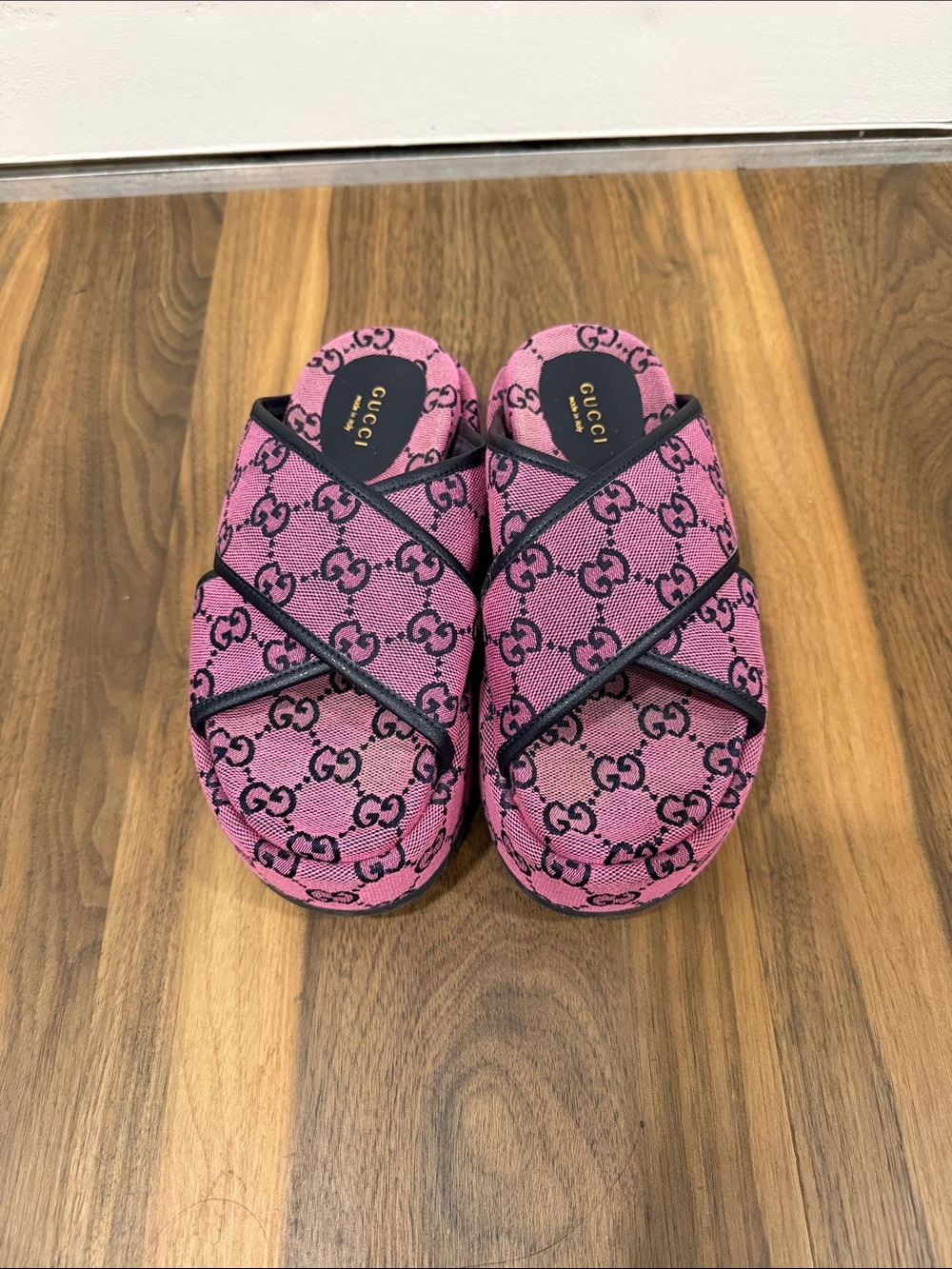 Gucci Pink GG Logo Cross-Strap Slides